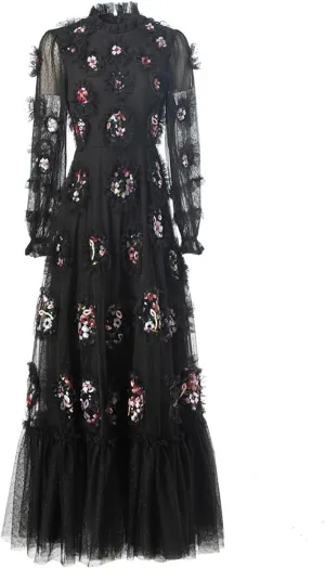 Women Tulle Dress Vintage Net Yarn Polka Dot Embroidery Appliques Sequins Dress Maxi A-Line