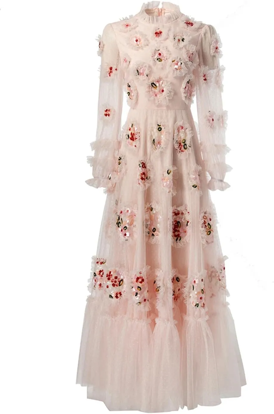 Women Tulle Dress Vintage Net Yarn Polka Dot Embroidery Appliques Sequins Dress Maxi A-Line