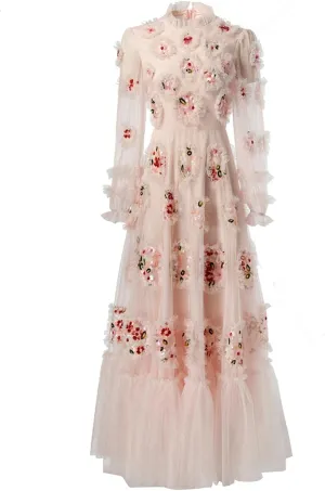 Women Tulle Dress Vintage Net Yarn Polka Dot Embroidery Appliques Sequins Dress Maxi A-Line
