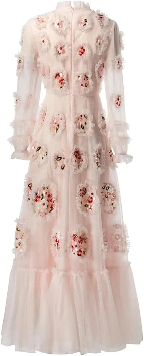 Women Tulle Dress Vintage Net Yarn Polka Dot Embroidery Appliques Sequins Dress Maxi A-Line