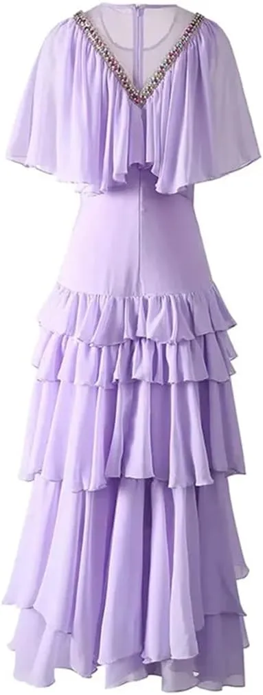 Women Tulle Dress Vintage Solid Cascading Ruffle Pearl Diamond Nail Bead A-Line Dresses