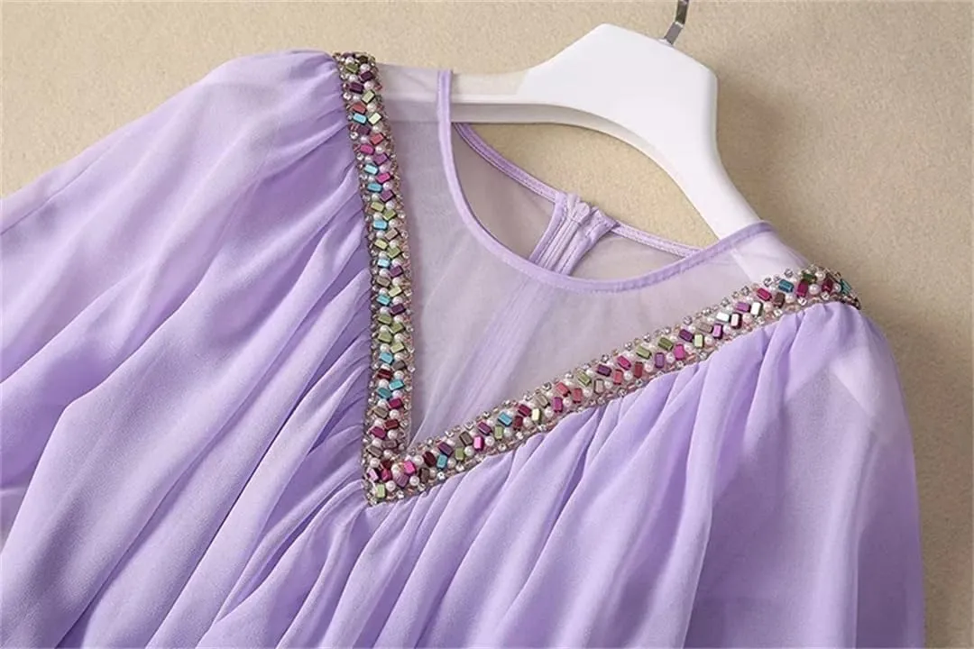 Women Tulle Dress Vintage Solid Cascading Ruffle Pearl Diamond Nail Bead A-Line Dresses