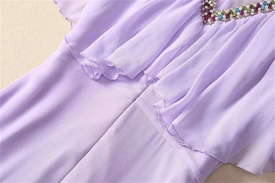 Women Tulle Dress Vintage Solid Cascading Ruffle Pearl Diamond Nail Bead A-Line Dresses