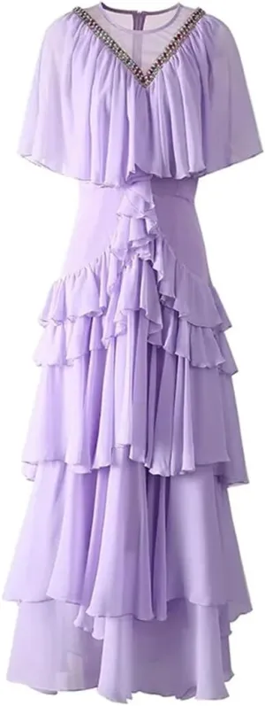 Women Tulle Dress Vintage Solid Cascading Ruffle Pearl Diamond Nail Bead A-Line Dresses