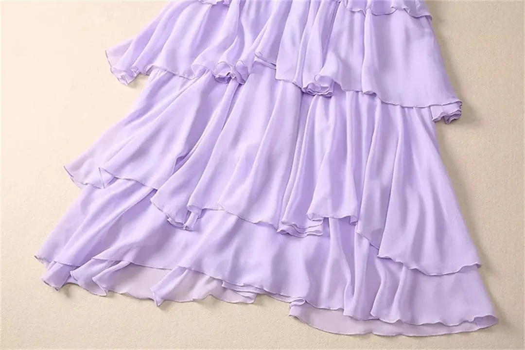 Women Tulle Dress Vintage Solid Cascading Ruffle Pearl Diamond Nail Bead A-Line Dresses