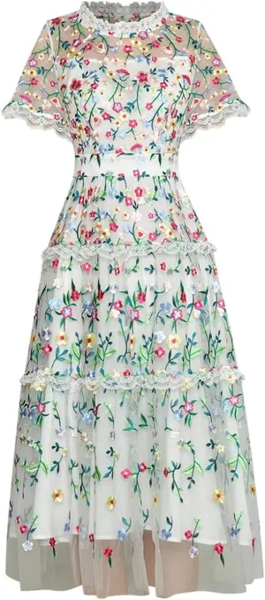 Women Tulle Floral Dress Vintage Lace Mesh Flower A-Line Embroidery Midi Dress