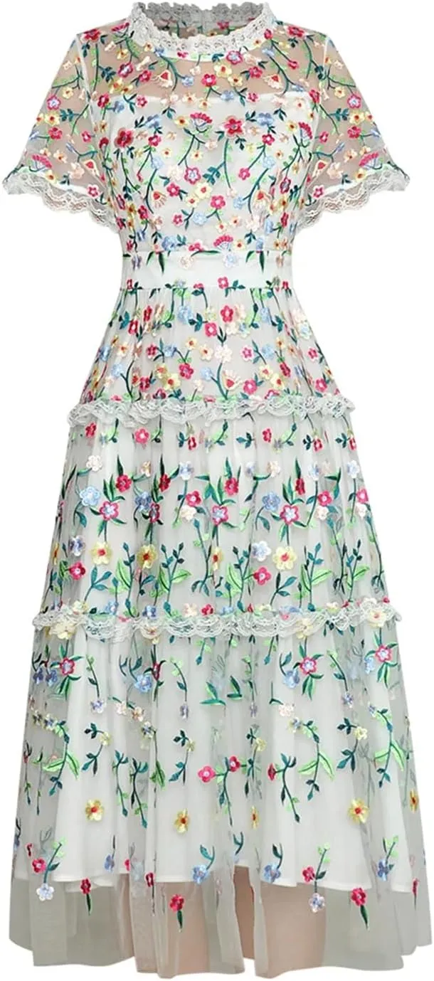 Women Tulle Floral Dress Vintage Lace Mesh Flower A-Line Embroidery Midi Dress