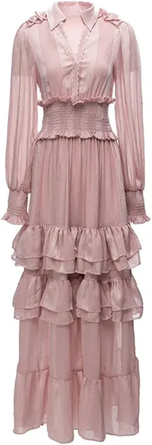 Women Tulle Party Dress Solid A-Line Lapel Long Sleeve Embroidery Elastic Waist Ruffles Slim Dress