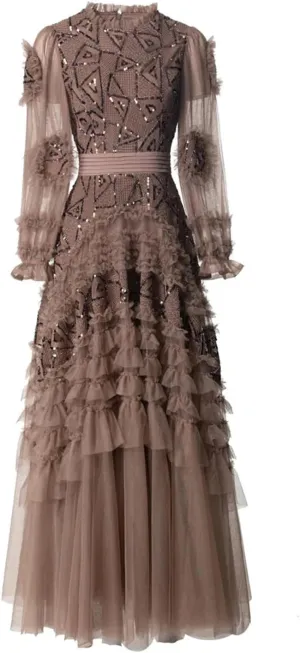 Women Tulle Sequin Cake Evening Dresses Summer Crew Neck Ruffles Long Sleeve A-Line Maxi Dress