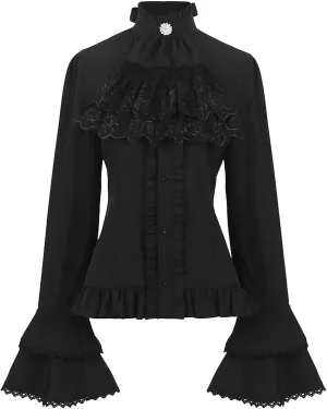 Women Victorian Blouse Vintage Bell Long Sleeve Renaissance Shirt Lotus Ruffle Slim T Shirts Gothic Button Down Tops