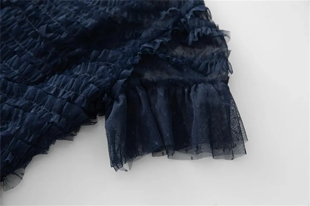 Women Wrinkles Dressvintage Embroidery Net Yarn Dress Cascad Ruffle Midi Dresses