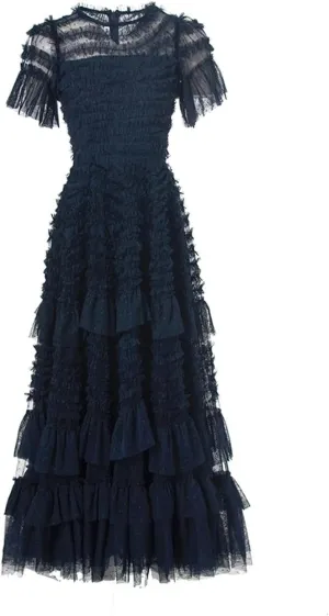 Women Wrinkles Dressvintage Embroidery Net Yarn Dress Cascad Ruffle Midi Dresses