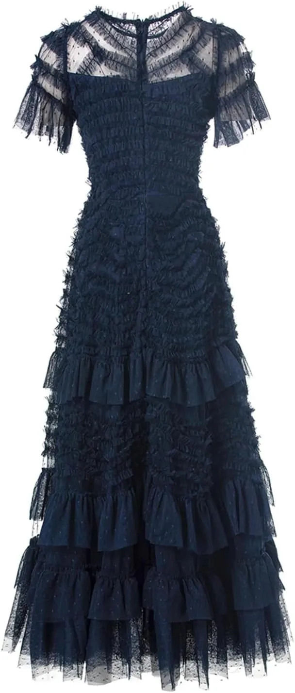 Women Wrinkles Dressvintage Embroidery Net Yarn Dress Cascad Ruffle Midi Dresses