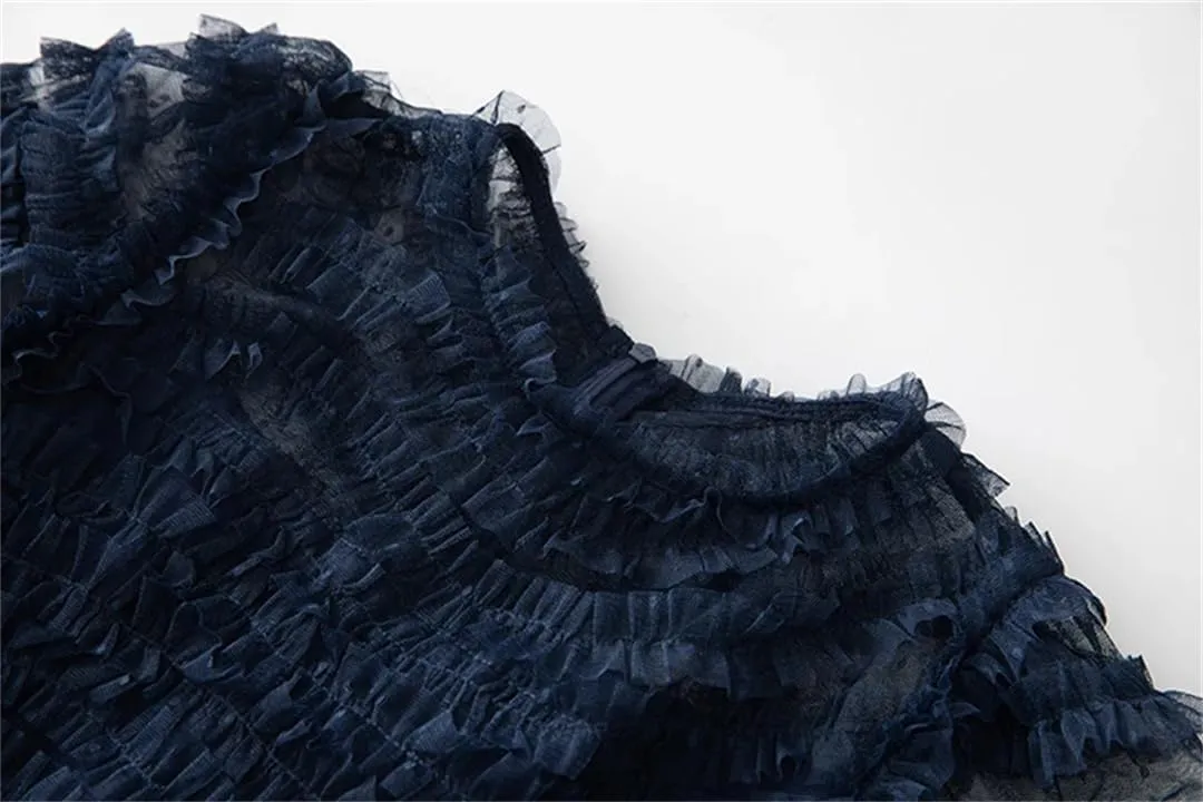 Women Wrinkles Dressvintage Embroidery Net Yarn Dress Cascad Ruffle Midi Dresses
