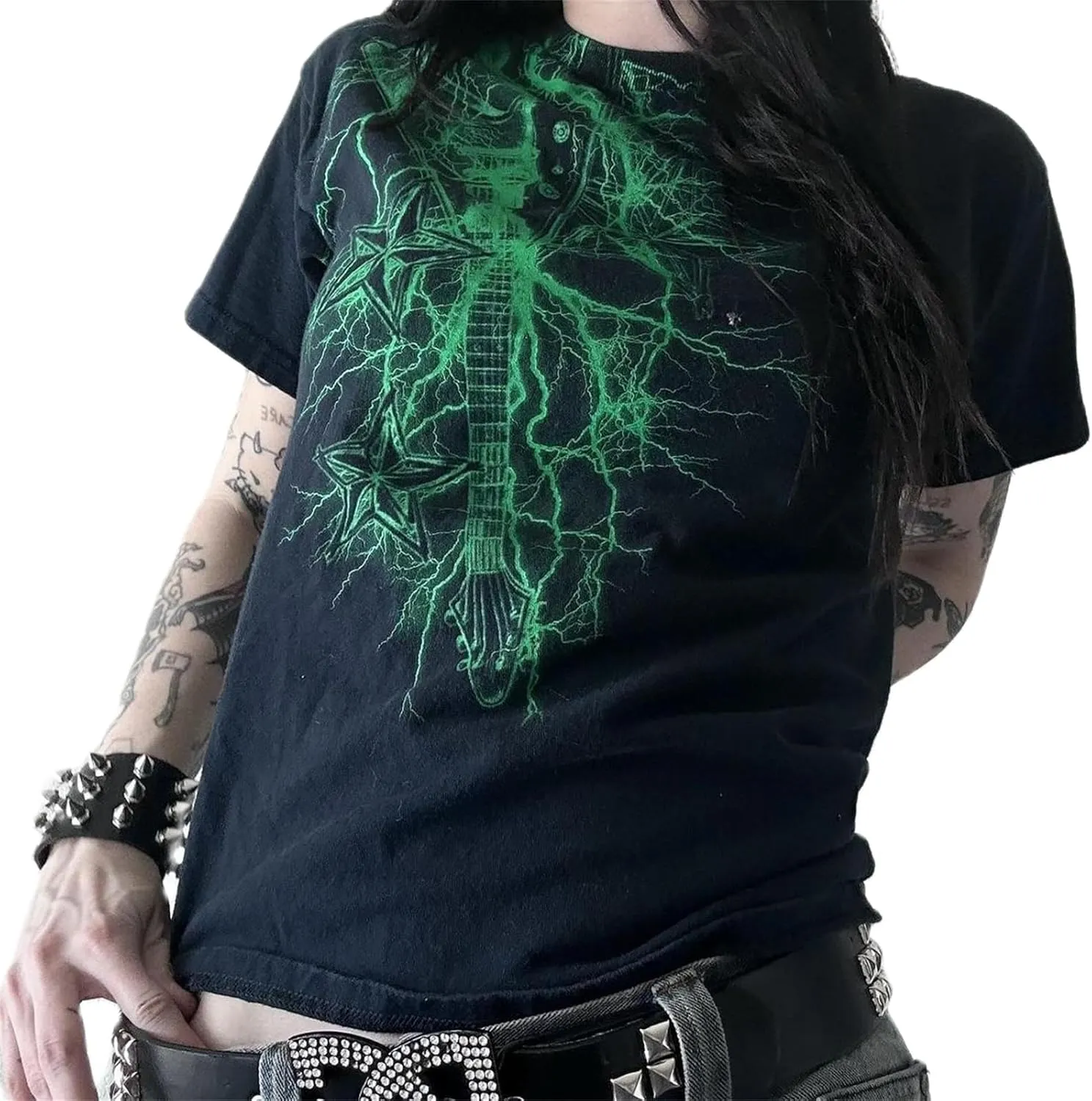 Women Y2k Fairy Grunge Graphic Print Baby Tees E-Girl Emo Tshirts 2000s Scene Cutecore Crop Tops Summer Clothes