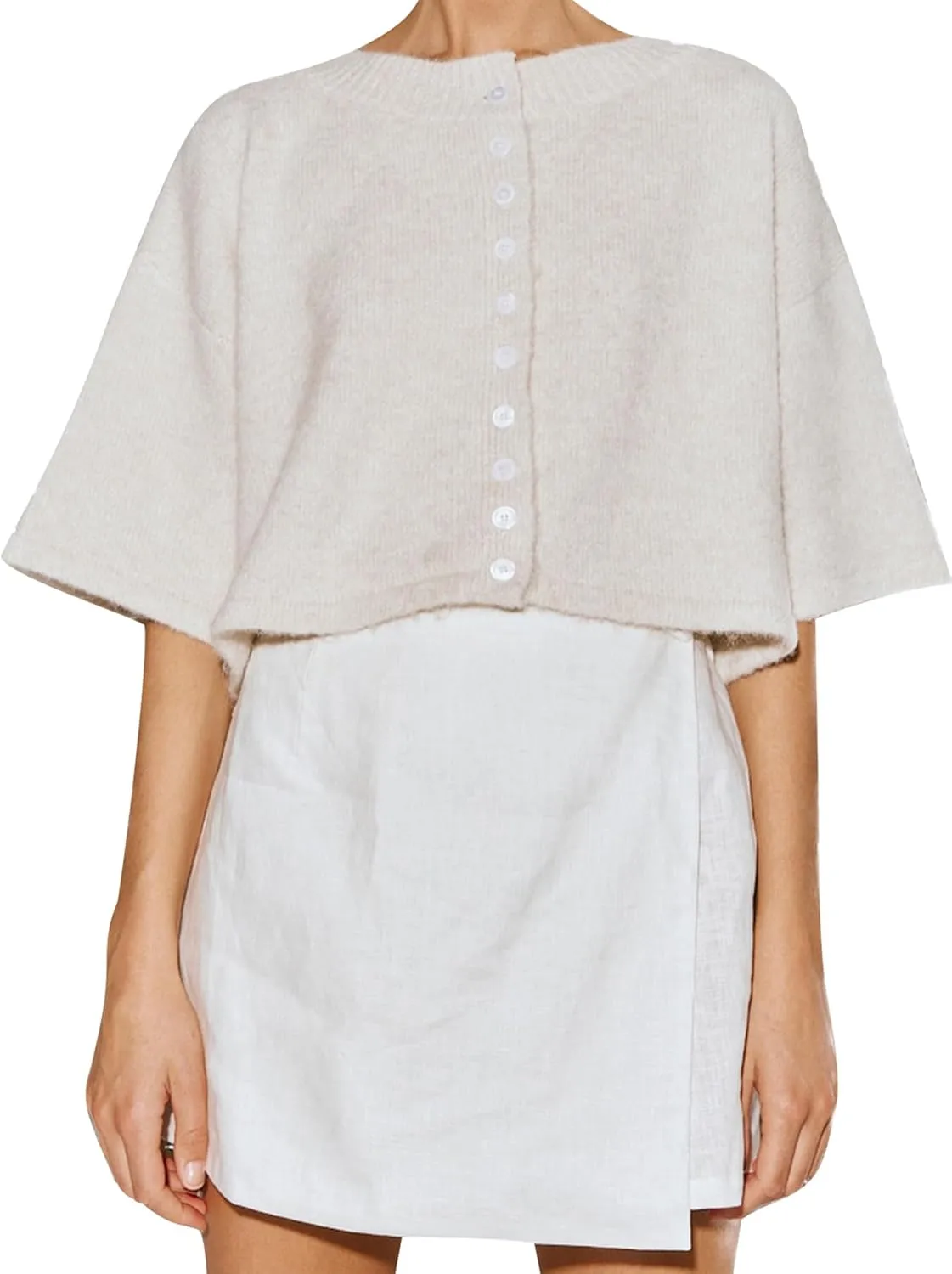 Women Y2k Knitted Crop Cardigan Short Sleeve Button Up Ribbed Knit Sweater Fall Winter Going Out Sweater