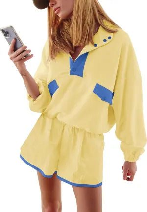 Womens 2 Piece Outfits Quarter Button Sweatsuit Oversized Y2k Color Block Sweatshirts Workout Lounge Shorts Sets 2025
