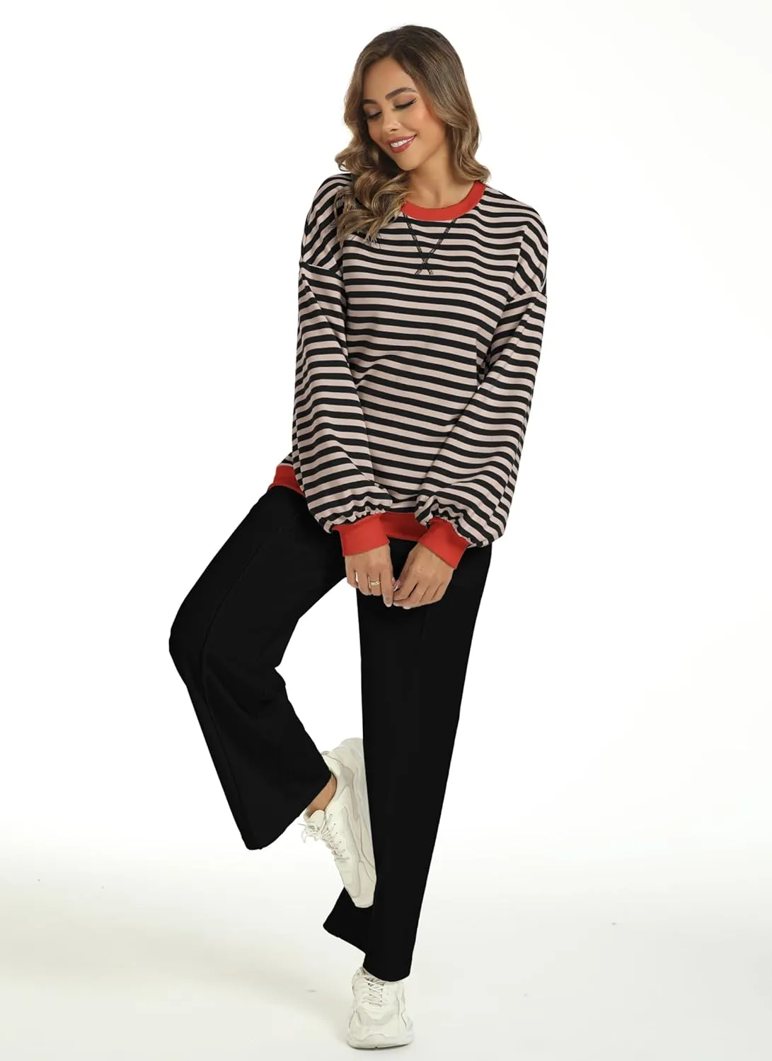Women's 2 Piece Outfits Striped Color Block Oversized Sweatshirt Wide Leg Sweatpants Trendy Tracksuit Lounge Sets