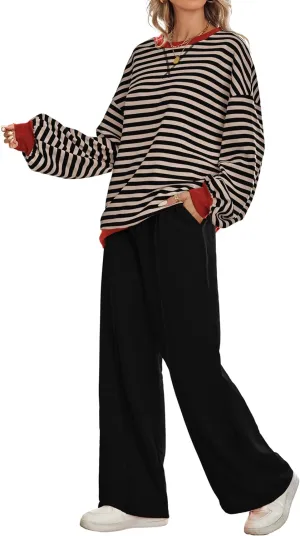 Women's 2 Piece Outfits Striped Color Block Oversized Sweatshirt Wide Leg Sweatpants Trendy Tracksuit Lounge Sets
