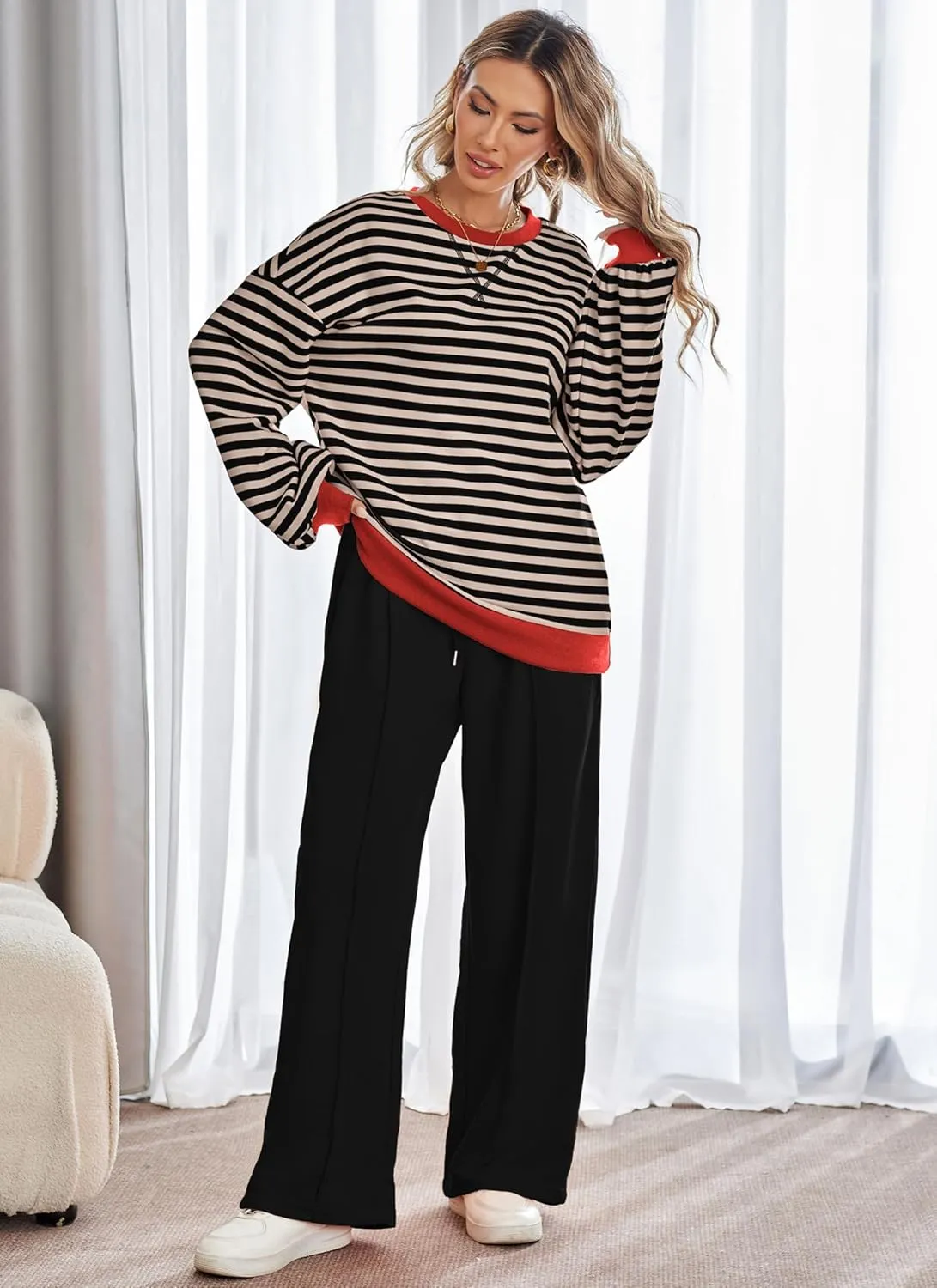 Women's 2 Piece Outfits Striped Color Block Oversized Sweatshirt Wide Leg Sweatpants Trendy Tracksuit Lounge Sets