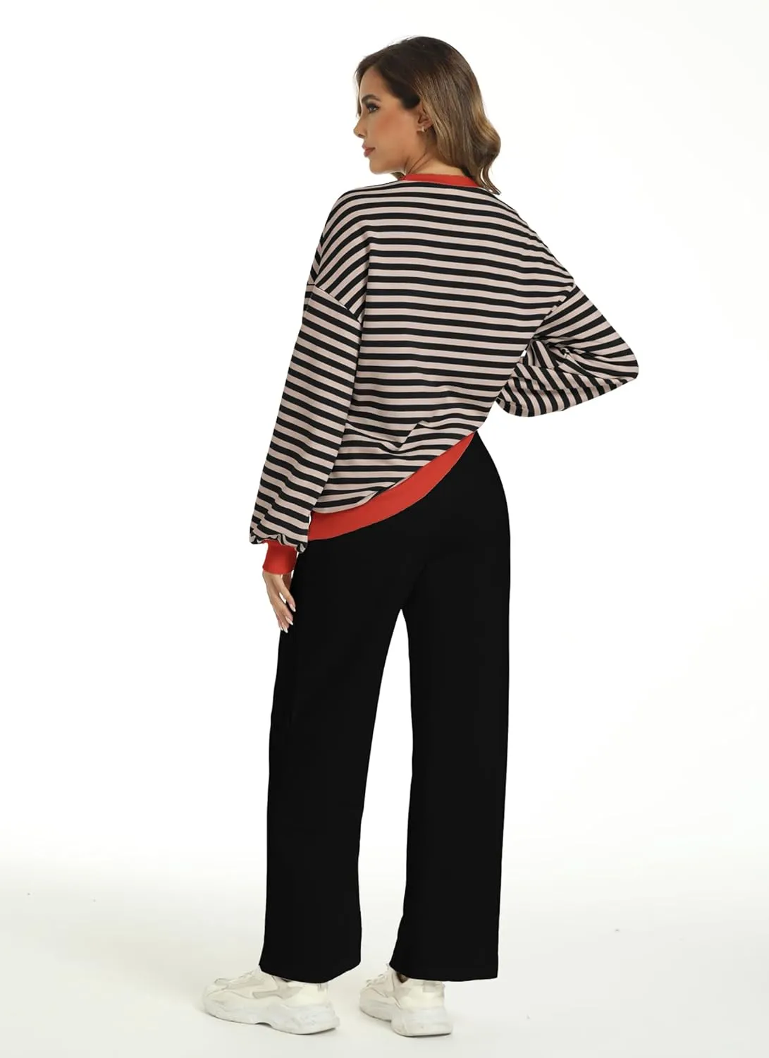 Women's 2 Piece Outfits Striped Color Block Oversized Sweatshirt Wide Leg Sweatpants Trendy Tracksuit Lounge Sets