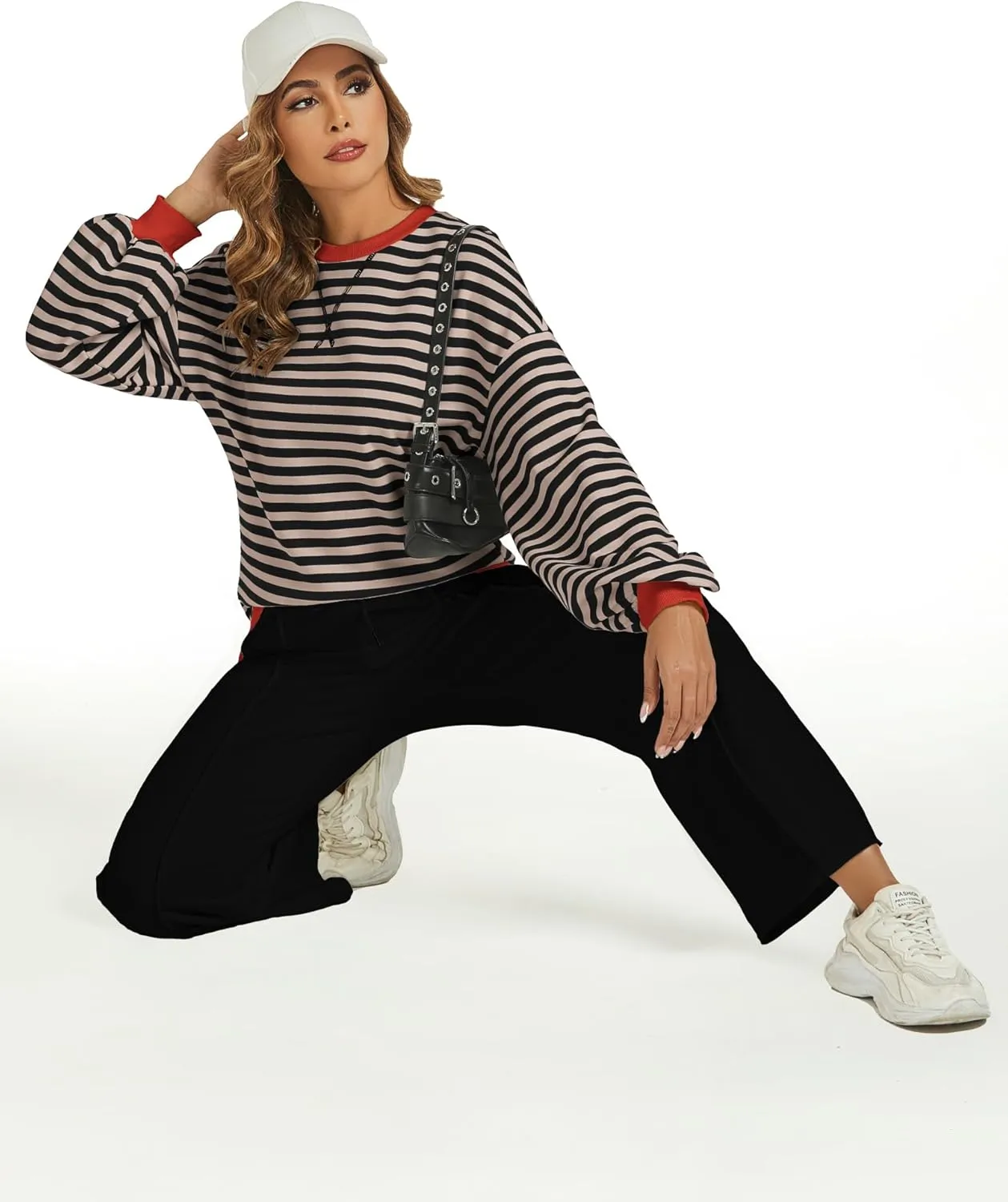 Women's 2 Piece Outfits Striped Color Block Oversized Sweatshirt Wide Leg Sweatpants Trendy Tracksuit Lounge Sets