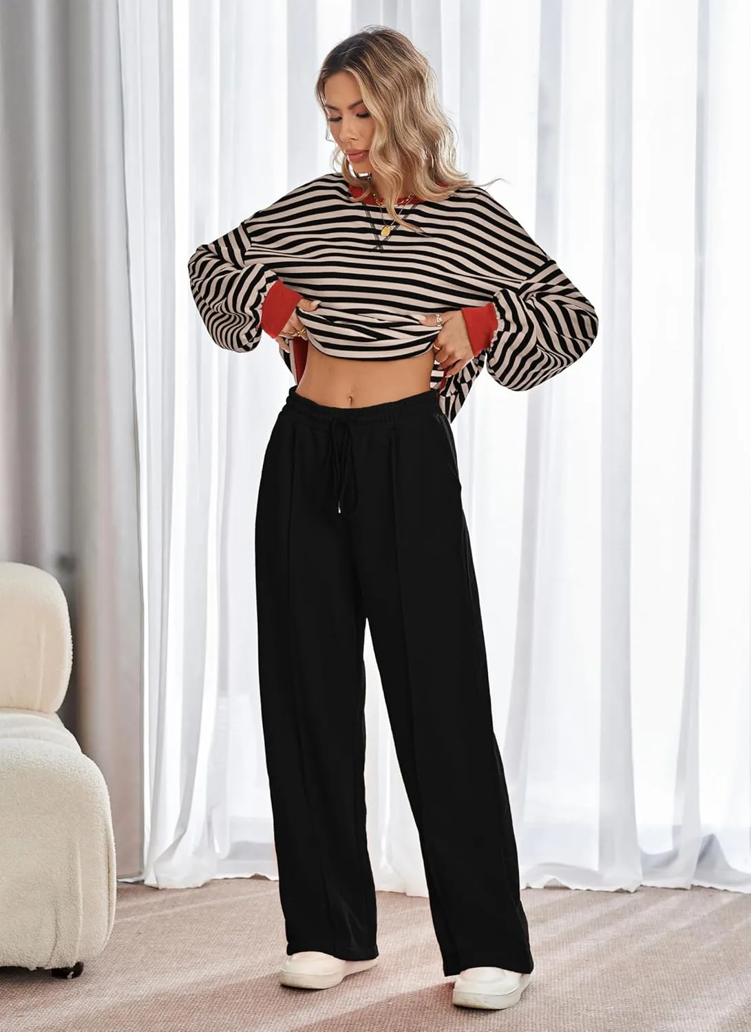 Women's 2 Piece Outfits Striped Color Block Oversized Sweatshirt Wide Leg Sweatpants Trendy Tracksuit Lounge Sets