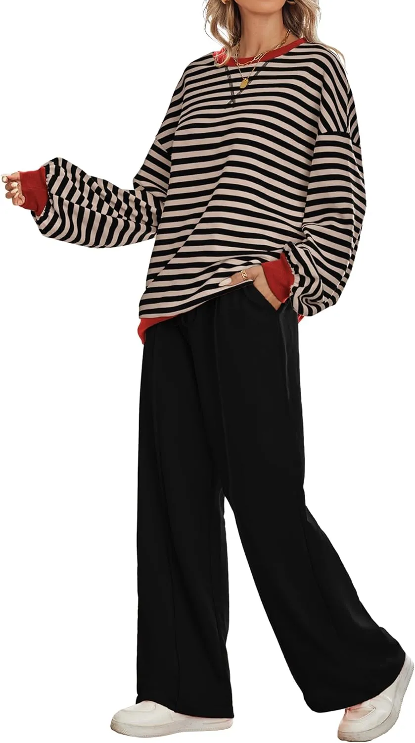 Women's 2 Piece Outfits Striped Color Block Oversized Sweatshirt Wide Leg Sweatpants Trendy Tracksuit Lounge Sets