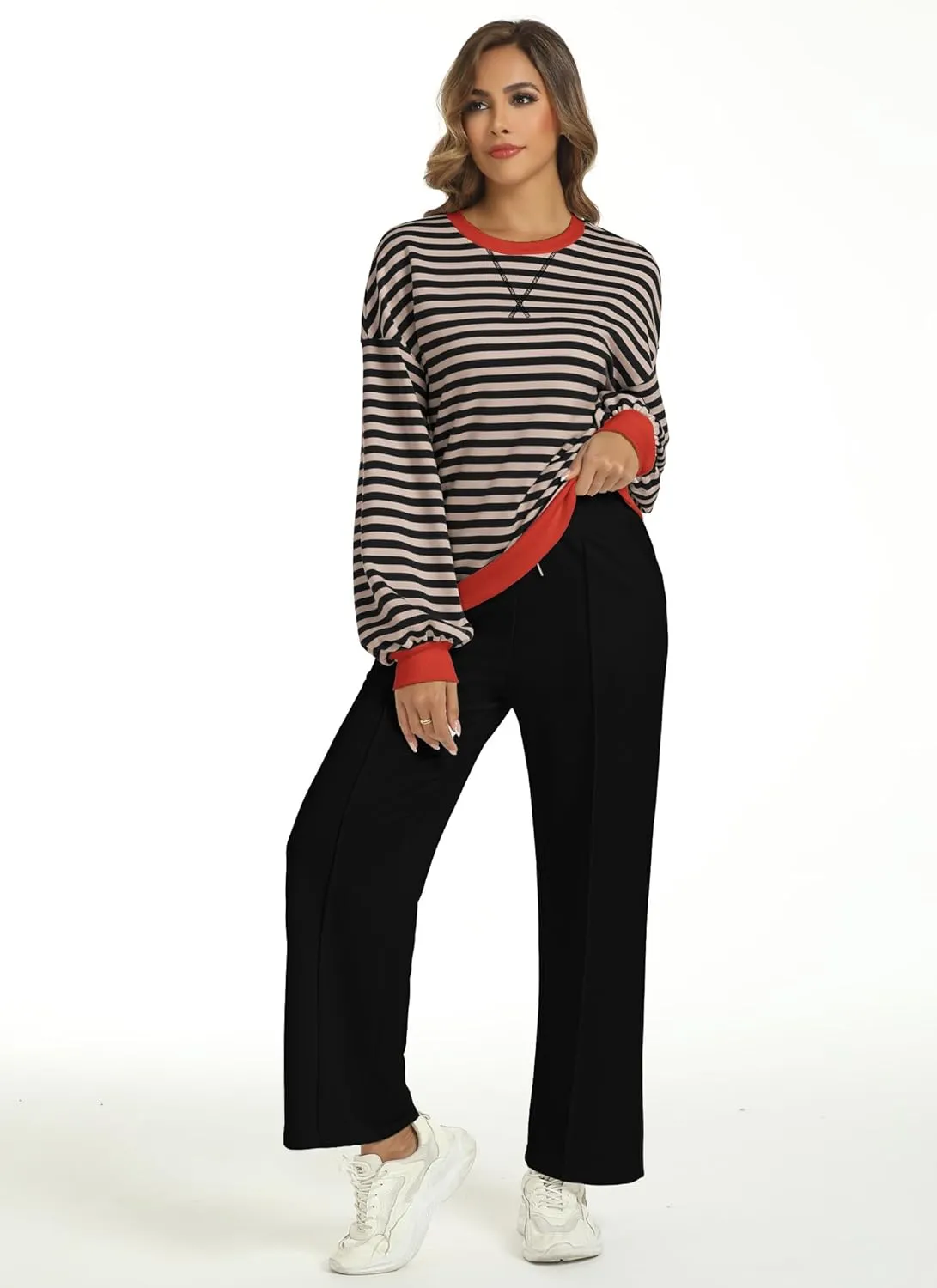 Women's 2 Piece Outfits Striped Color Block Oversized Sweatshirt Wide Leg Sweatpants Trendy Tracksuit Lounge Sets