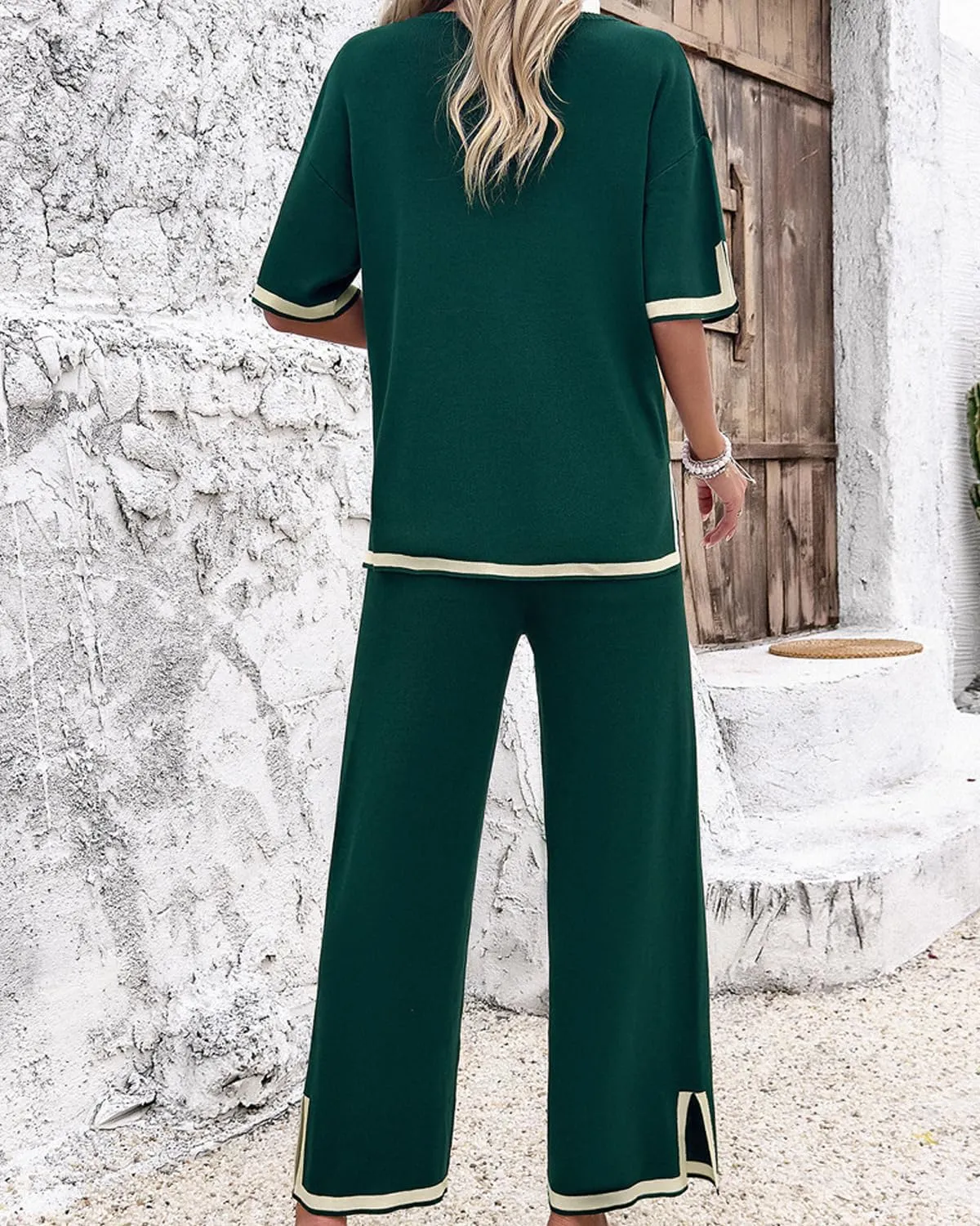 Womens 2 Piece Outfits Summer Sweater Sets Short Sleeve Knit Pullover Tops Wide Leg Pants Lounge Sets Tracksuits