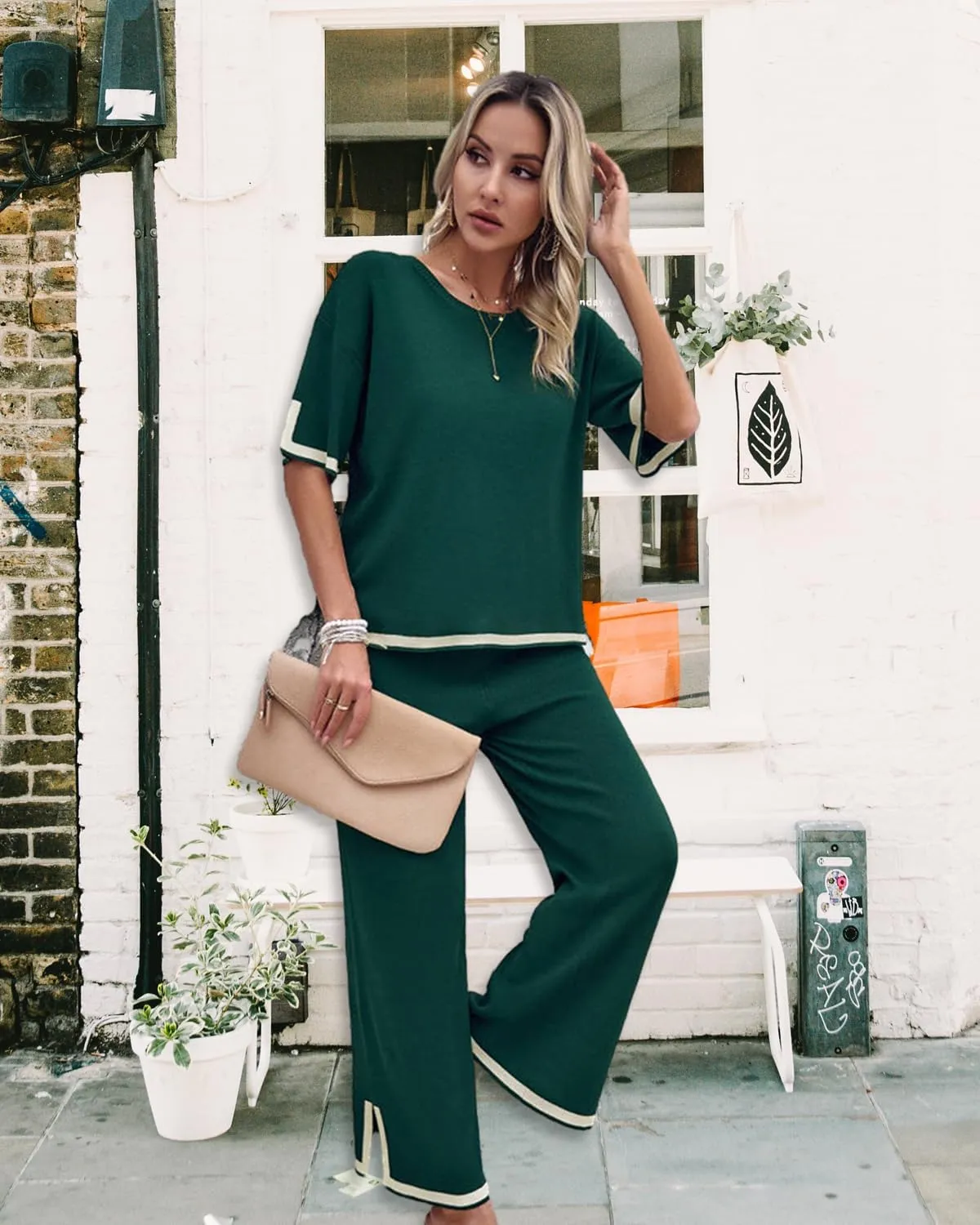 Womens 2 Piece Outfits Summer Sweater Sets Short Sleeve Knit Pullover Tops Wide Leg Pants Lounge Sets Tracksuits
