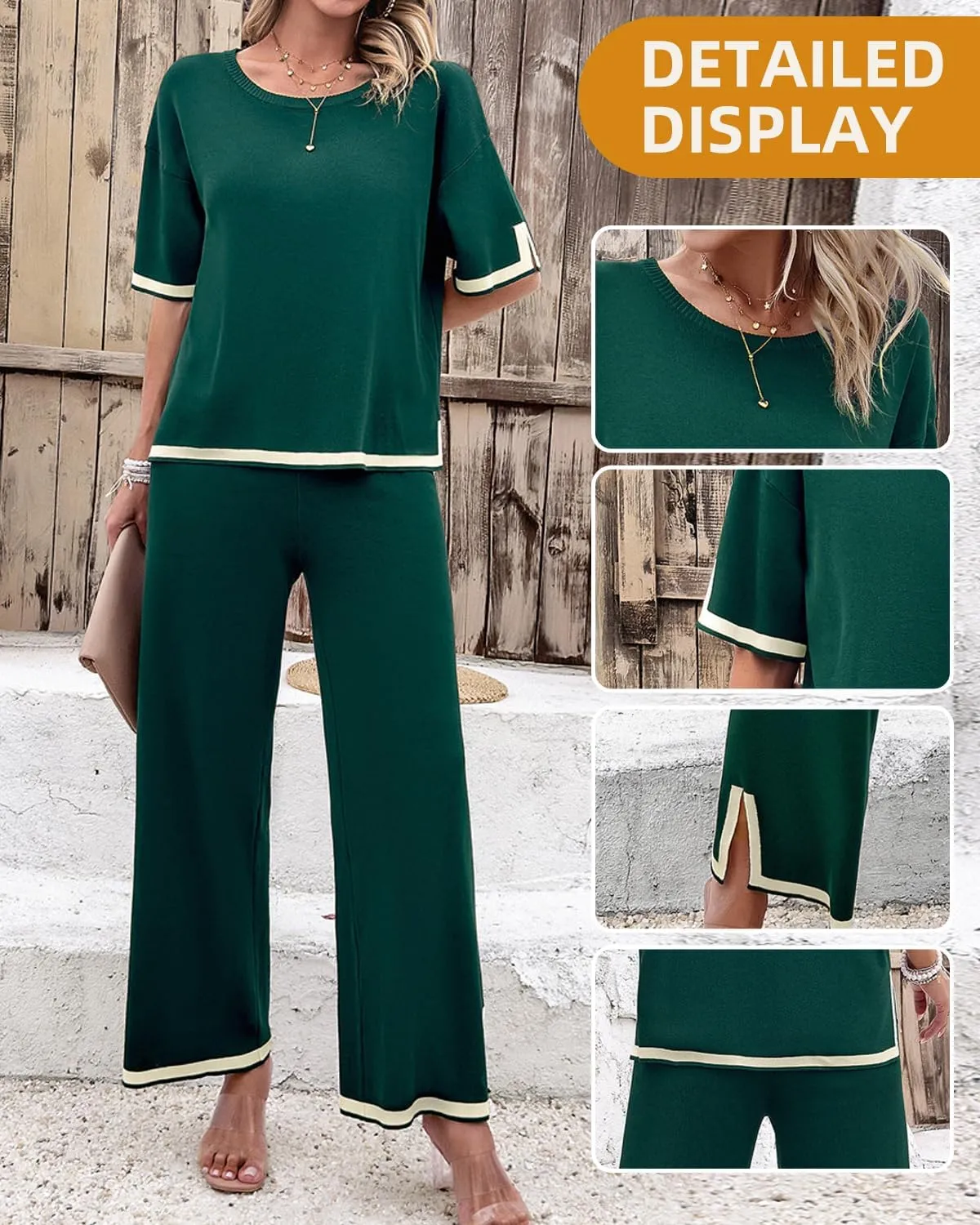 Womens 2 Piece Outfits Summer Sweater Sets Short Sleeve Knit Pullover Tops Wide Leg Pants Lounge Sets Tracksuits