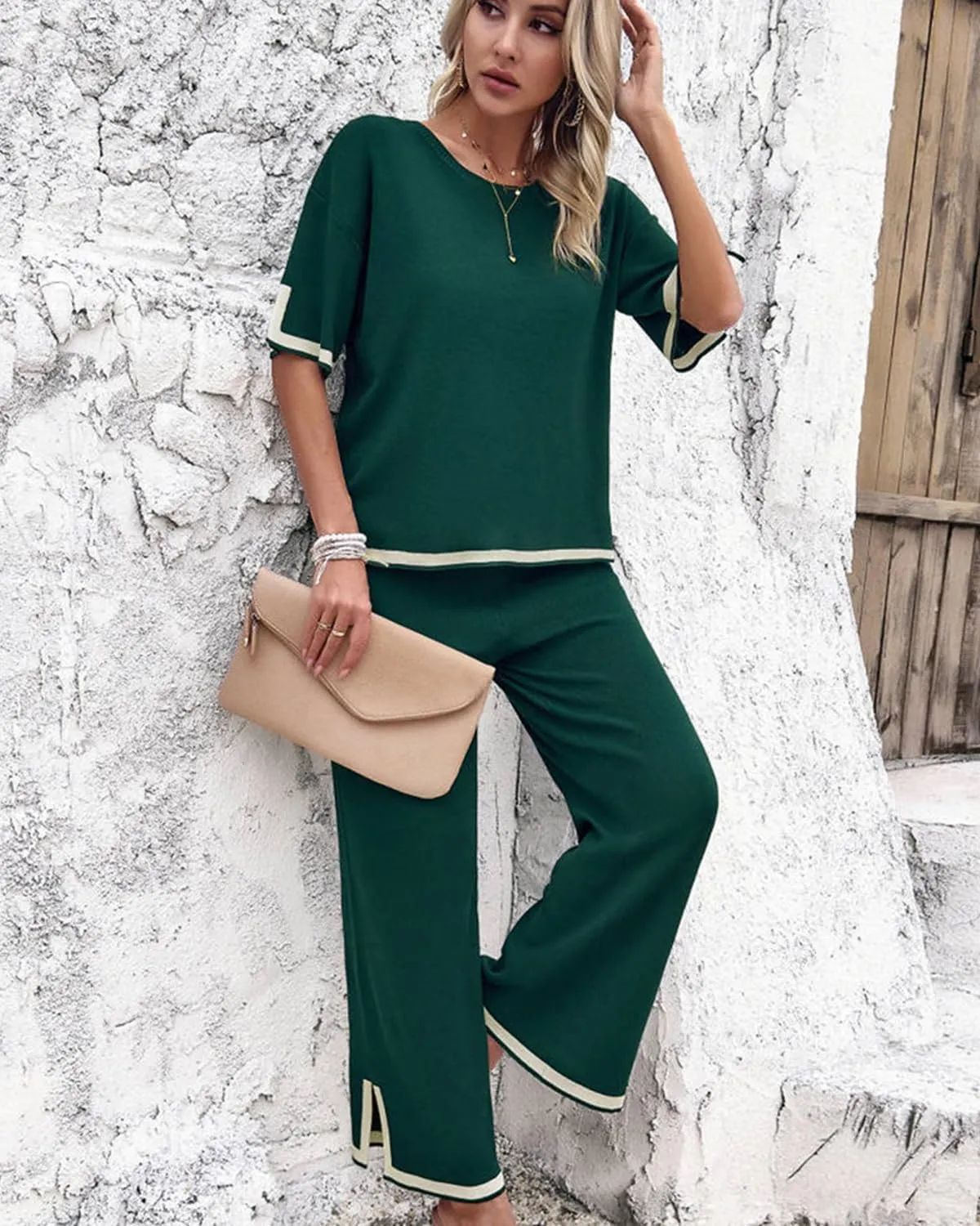 Womens 2 Piece Outfits Summer Sweater Sets Short Sleeve Knit Pullover Tops Wide Leg Pants Lounge Sets Tracksuits