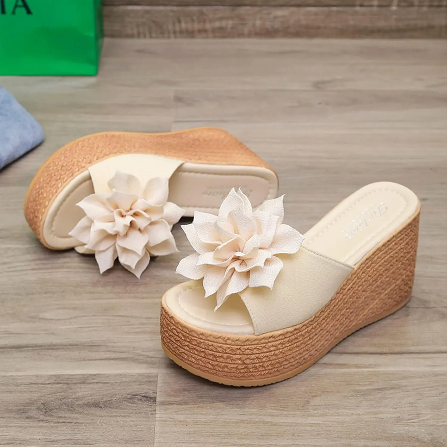 Women's 3D Flower Woven Platform Sandals Wedge Slides,Bohemia Casual Non-Slip Comfy Beach Fish Mouth Open Toes Sandals Dress Heels Slippers
