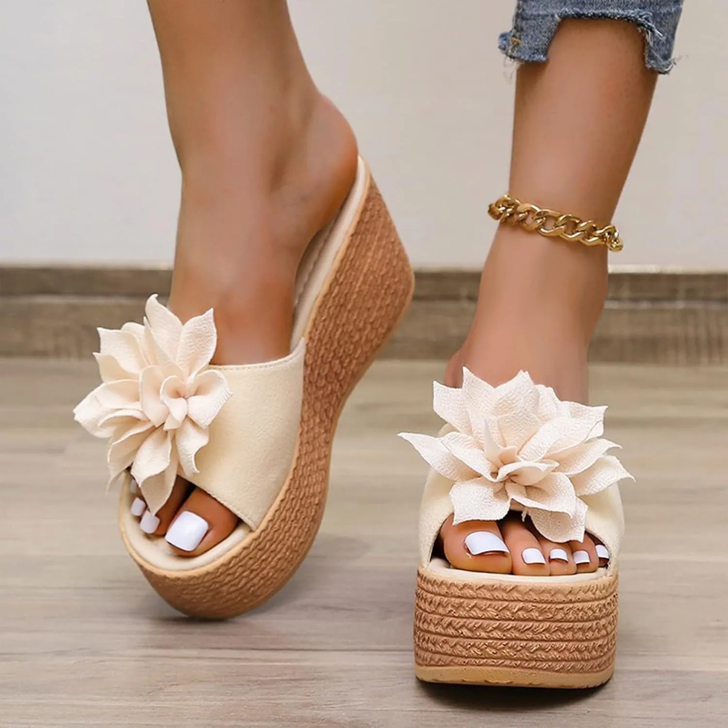 Women's 3D Flower Woven Platform Sandals Wedge Slides,Bohemia Casual Non-Slip Comfy Beach Fish Mouth Open Toes Sandals Dress Heels Slippers