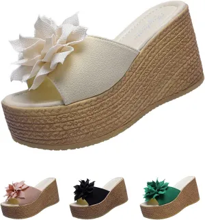 Women's 3D Flower Woven Platform Sandals Wedge Slides,Bohemia Casual Non-Slip Comfy Beach Fish Mouth Open Toes Sandals Dress Heels Slippers
