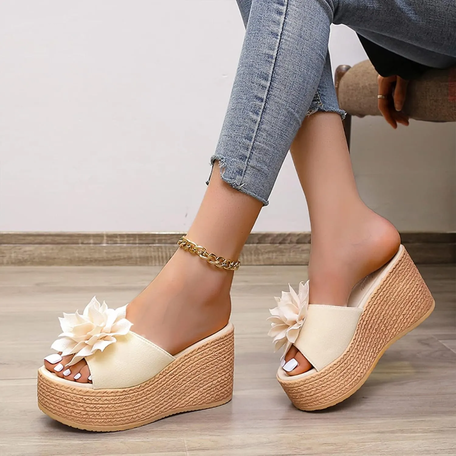 Women's 3D Flower Woven Platform Sandals Wedge Slides,Bohemia Casual Non-Slip Comfy Beach Fish Mouth Open Toes Sandals Dress Heels Slippers