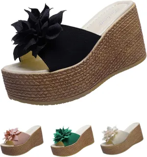 Women's 3D Flower Woven Platform Sandals Wedge Slides,Bohemia Casual Non-Slip Comfy Beach Fish Mouth Open Toes Sandals Dress Heels Slippers