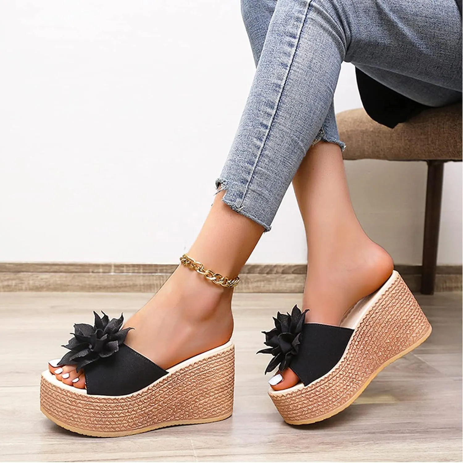 Women's 3D Flower Woven Platform Sandals Wedge Slides,Bohemia Casual Non-Slip Comfy Beach Fish Mouth Open Toes Sandals Dress Heels Slippers