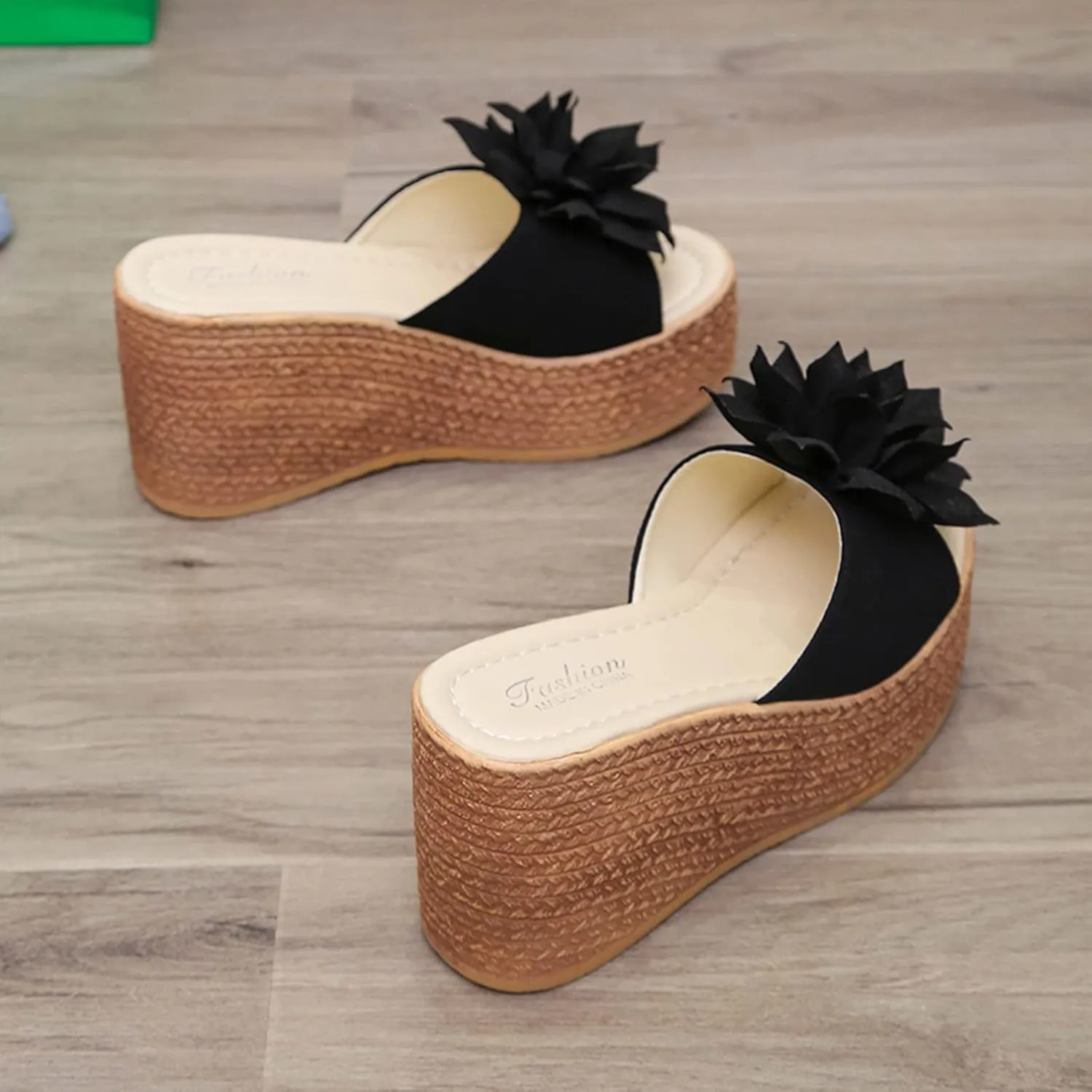 Women's 3D Flower Woven Platform Sandals Wedge Slides,Bohemia Casual Non-Slip Comfy Beach Fish Mouth Open Toes Sandals Dress Heels Slippers