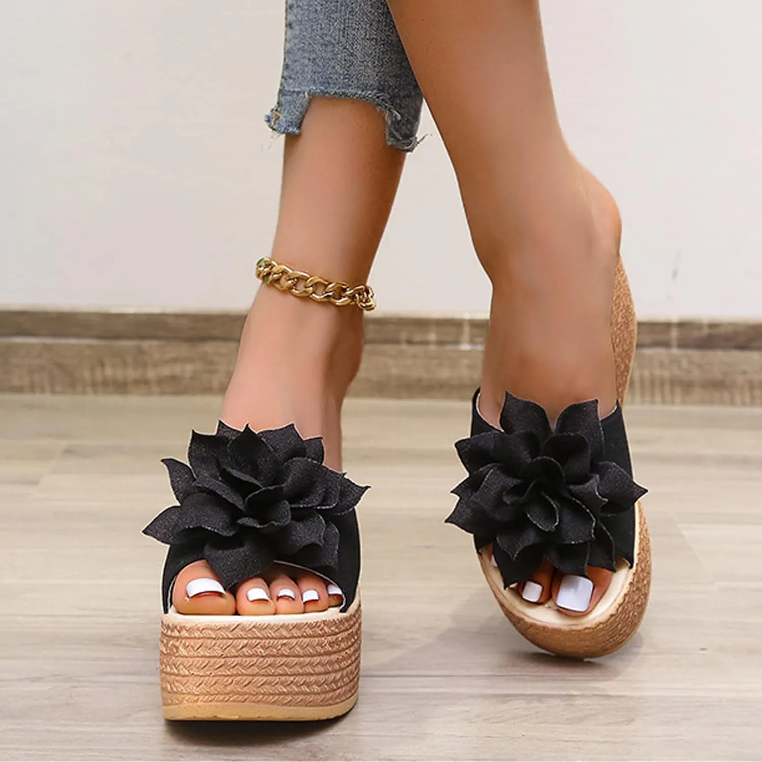 Women's 3D Flower Woven Platform Sandals Wedge Slides,Bohemia Casual Non-Slip Comfy Beach Fish Mouth Open Toes Sandals Dress Heels Slippers