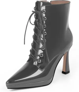 Women's Ankle Boots Platform Stilettos High Heel Pointed Toe Lace Up Dress Booties