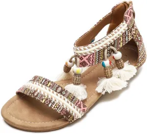 Women's Ankle Strap Flat Sandals with Tassel Beaded Vintage Bohemian Open Toe Ethnic Style Beach Sandals Casual Summer Flat Shoes