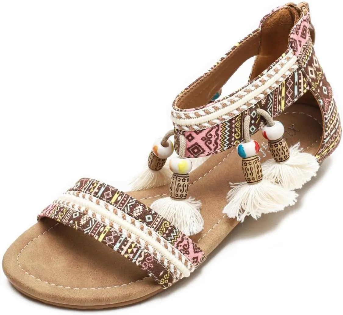 Women's Ankle Strap Flat Sandals with Tassel Beaded Vintage Bohemian Open Toe Ethnic Style Beach Sandals Casual Summer Flat Shoes