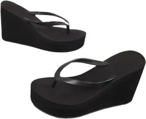 Women's Beach Sandals, Wedge Flip Flops Platform Sandals Slip on Platform Flip-Flops, Platform Flip Flops for Women (Black,7)
