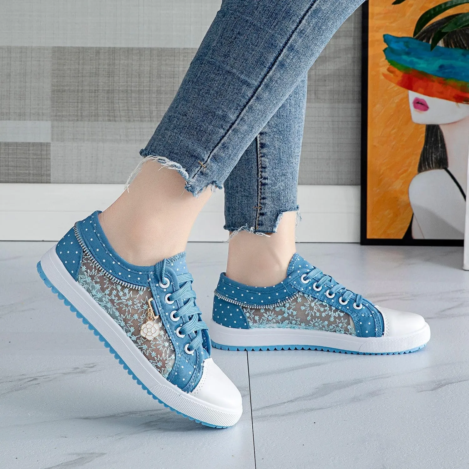 Women's Blue Denim Dots Mesh Sneakers with Floral Pedant | Breathable Lace-Up Flat Shoes for Summer Casual & Fashion Sneakers