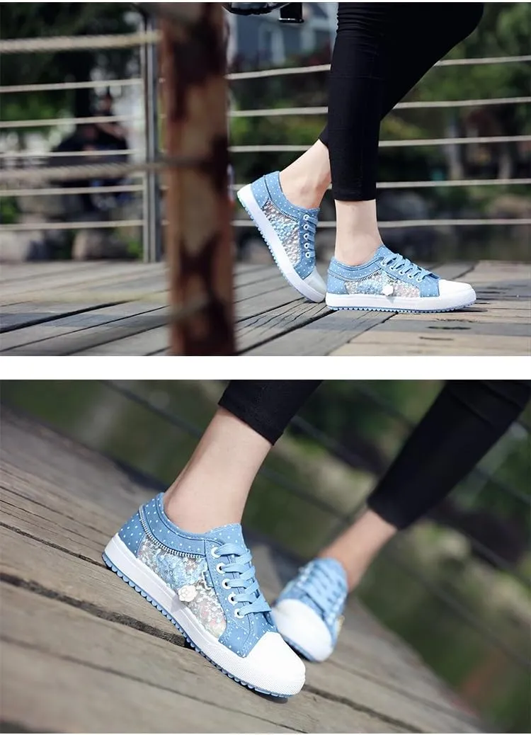 Women's Blue Denim Dots Mesh Sneakers with Floral Pedant | Breathable Lace-Up Flat Shoes for Summer Casual & Fashion Sneakers