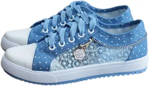 Women's Blue Denim Dots Mesh Sneakers with Floral Pedant | Breathable Lace-Up Flat Shoes for Summer Casual & Fashion Sneakers