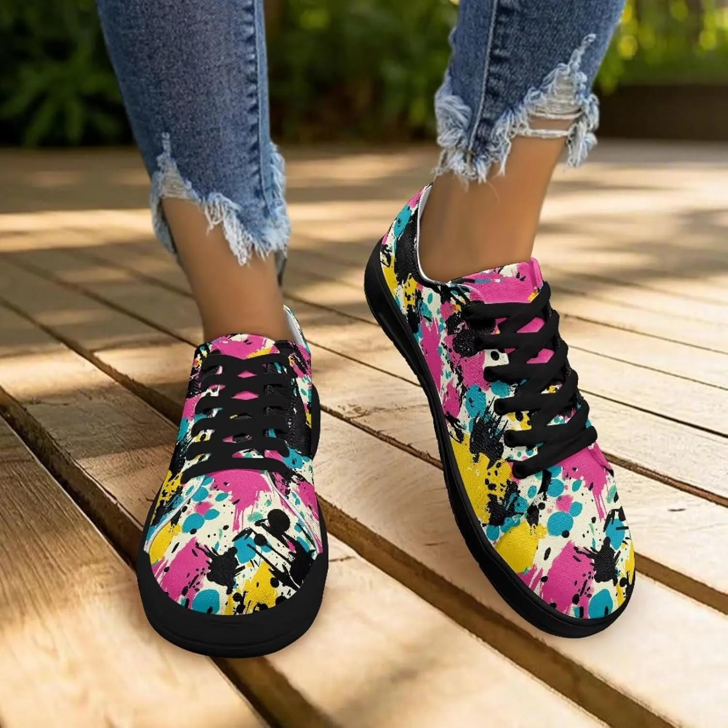Women's Canvas Sneakers Mesh Lace Up Low Top Sneakers Lightweight Breathable Canvas Tennis Shoes Ladies Running Shoes