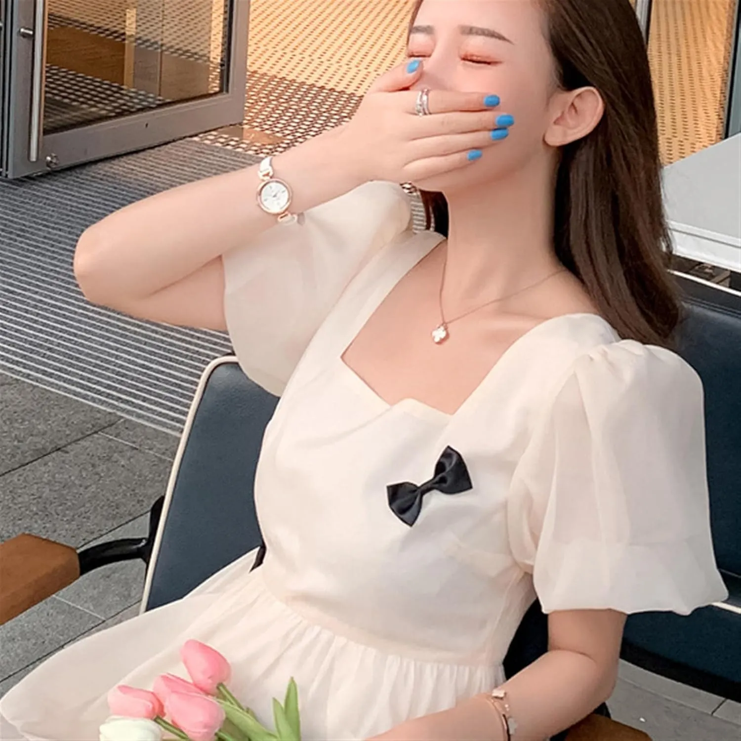 Womens Casual Dresses French Long Skirt Retro Dress Gentle Style Square Neck Bubble Sleeves Apricot Skirt